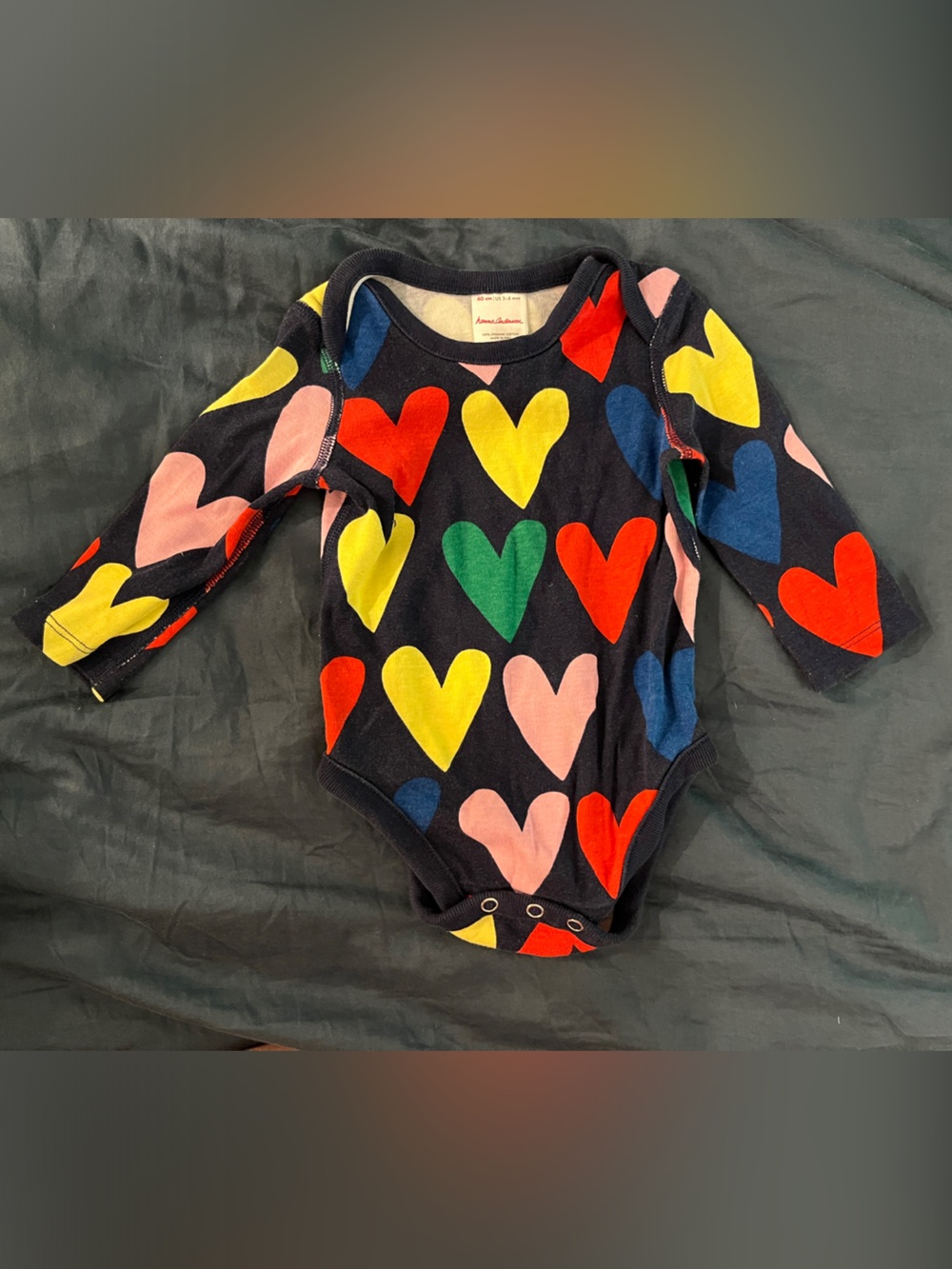 Hanna Andersson Multicolor Heart Print Navy Long Sleeve Baby Bodysuit 60cm 3-6M